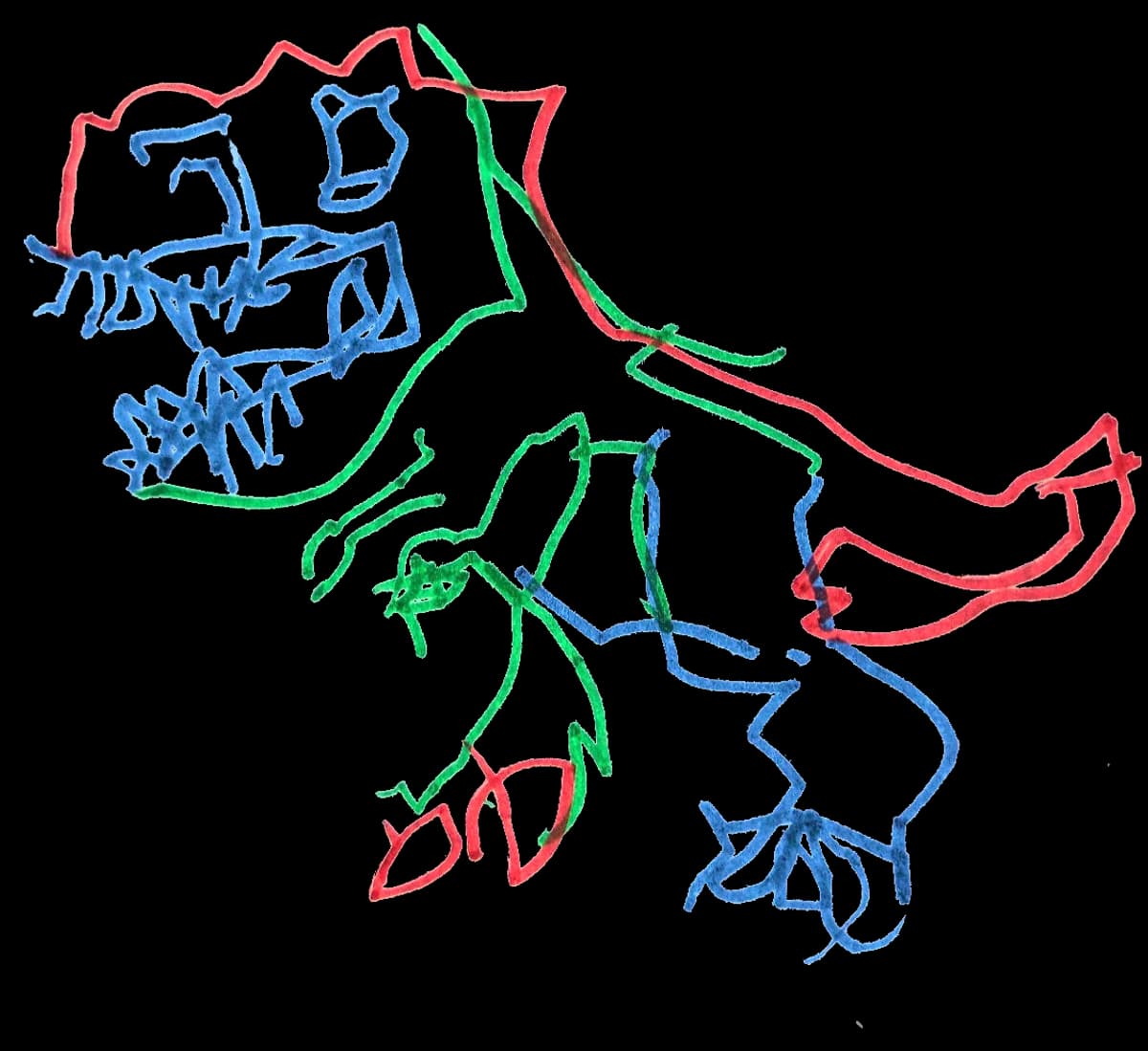 A child's marker drawing of a dinosaur, framed